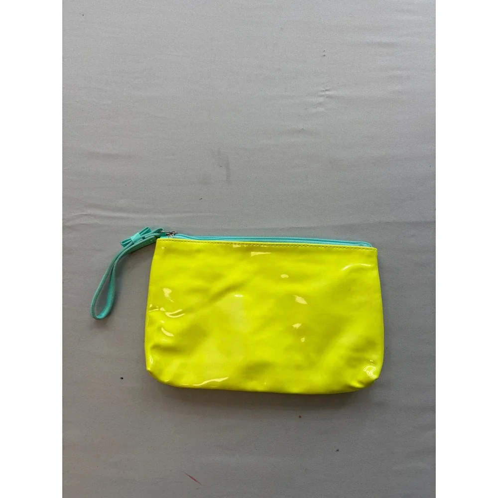Neon Yellow Hello Sunshine Patent Wristlet Pouch with Turquoise Bow Detail